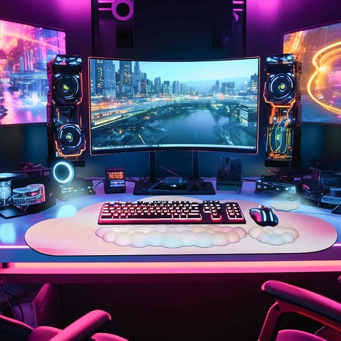 JIKIOU Large Cloud Mouse Pad Waterproof with Cloud Keyboard Wrist Pad and Cloud Mouse Wrist Pad Set Ergonomic Computer Desk Wrist Support Mousepad for Keyboard and Mouse 35.4x15.7in Rainbow