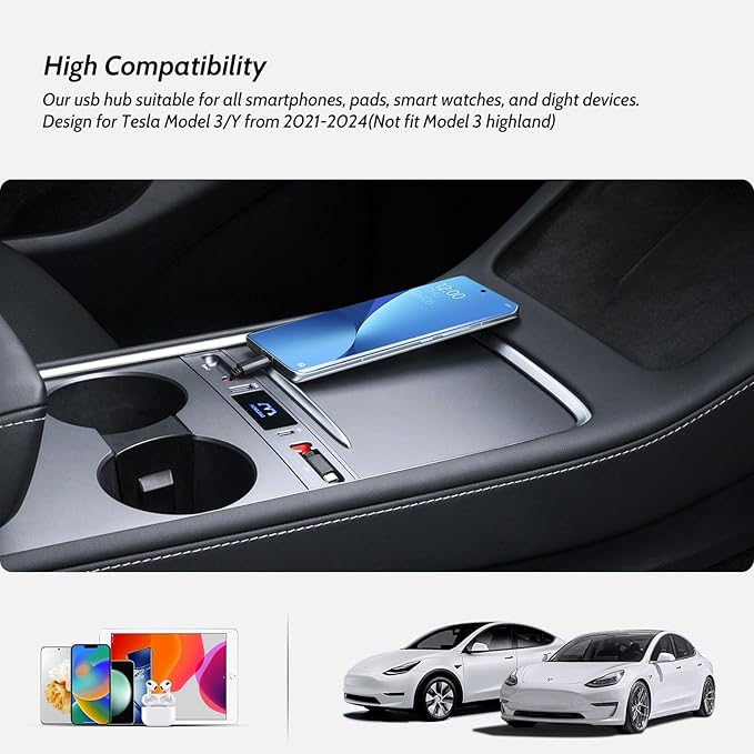 Silver Gray USB Hub for Tesla Owners 2 USB C Retractable Fast Charging Cables for iPhone 15 is Necessary Tesla Tesla Model 3/Y Accessories (2024-2021) but not Highland or Juniper Compatible