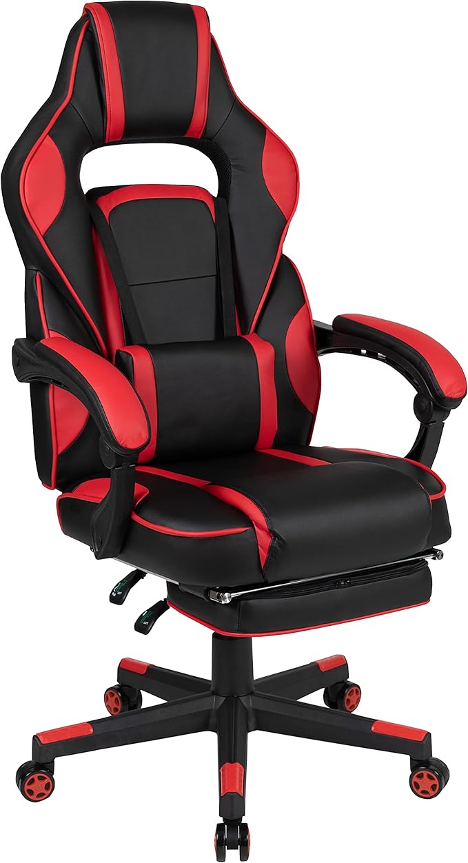 EMMA + OLIVER Gaming Bundle-Cup/Headphone Desk &amp Red Reclining Footrest Chair