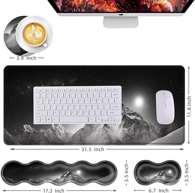 Mouse PadLarge Desk Mat Set 4in1 XL Mousepad + Keyboard Wrist Rest+Mouse Wrist Rest+Coaster with Ergonomic Desk Pad for Home Office Table Computer Cover -Snowy Mountain