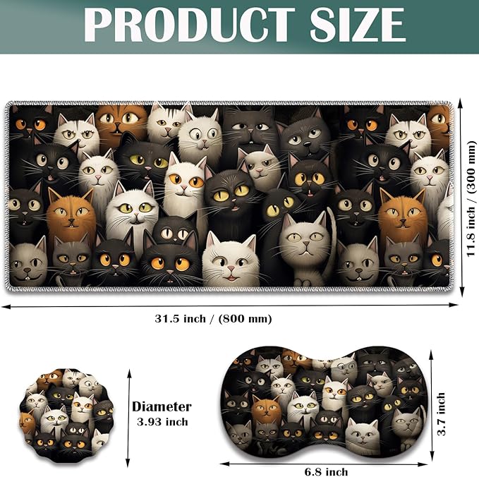Large Game Mouse Pad + Wrist Support Pad + Coffee Coaster Desk Pad with Sewn Edges Anti-Slip Set pad Suitable for Office Work and Home - A Group of Cats