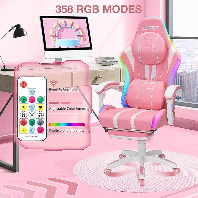 HOFFREE Pink Led Gaming Chair with Bluetooth Speakers Massage Gaming Chair with RGB Lights Big and Tall Gamer Chairs for 400lbs Heavy People High Back Computer Desk Chair with Footerst Pink and White