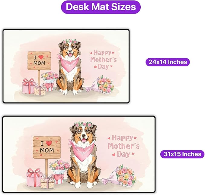 Happy Mother's Day Australian Shepherd Love Dog Mom Heart Flower Desk Mat Full Keyboard Mouse Pad Aussie Dog Lover Gifts Large Mousepad 12004