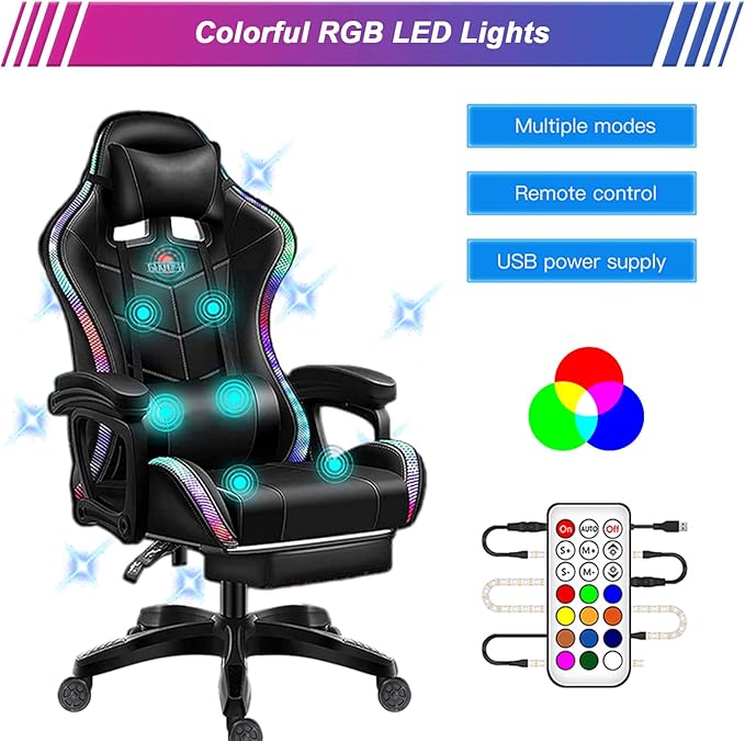 LED Gaming Chair with Speakers Massage Computer Chair Ergonomic Racing Office Chair PU Leather Recliner Swivel Gamer Chair with Lumbar Support Headrest Armrest and FootrestPink