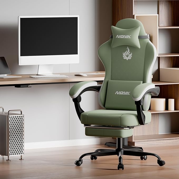 Gaming Chair with MassageErgonomic PC Gaming Chair Computer Chairs with Footrest Comfortable Headrest and Lumbar Support High Back GREENWHITE