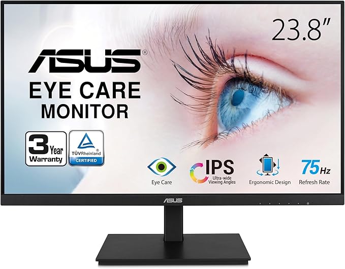 ASUS 24”1080P Monitor(VA24DQSB)-Full HDIPS75HzSpeakers Adaptive-Sync Low Blue Light Flicker Free VESA Mountable Frameless HDMI DisplayPort VGA USB hub Height Adjustable Black12.8x21.3x2.1
