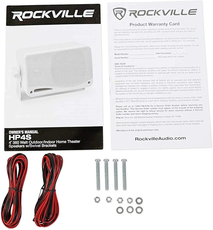 Rockville HP4S Pair 360W 4 Outdoor/Indoor Speakers 4 Ohm Weather-Resistant Swivel Brackets 4 Woofer + 1/2 Tweeter for Home Theater and Patio