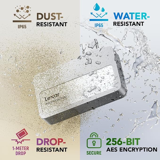 Lexar 1TB Professional Go Portable SSD w/Hub Supports Apple 4K 60fps ProRes Up to 1050MB/s USB 3.2 Rugged IP65 Ultracompact Compatible w/iPhone 15/16 (Not 17) External SSD (LSL400S001T-RNSNU)