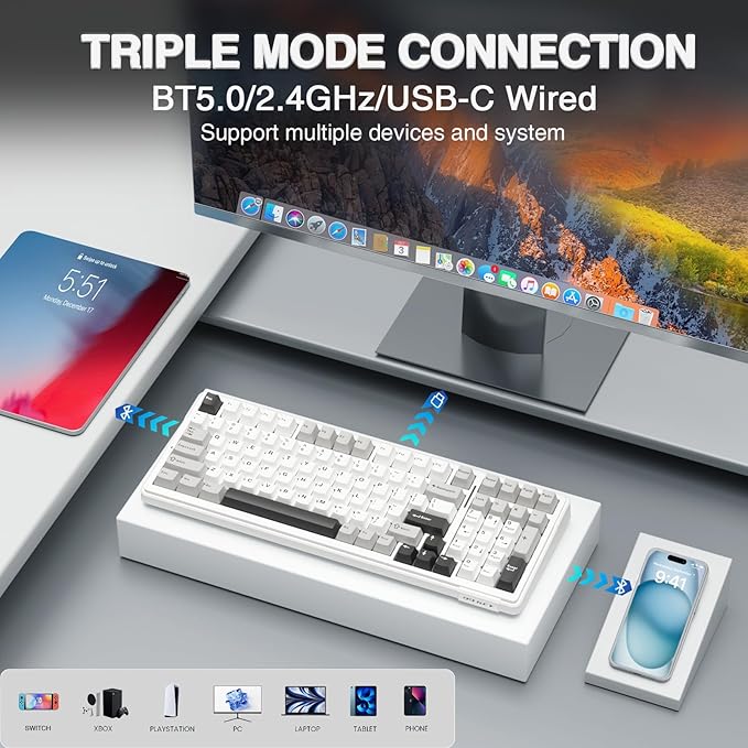 AULA F99 Wireless Mechanical KeyboardTri-Mode BT5.0/2.4GHz/USB-C Hot Swappable Custom KeyboardPre-lubed Linear SwitchesRGB Backlit Computer Gaming Keyboards for PC/Tablet/PS/Xbox (Renewed)