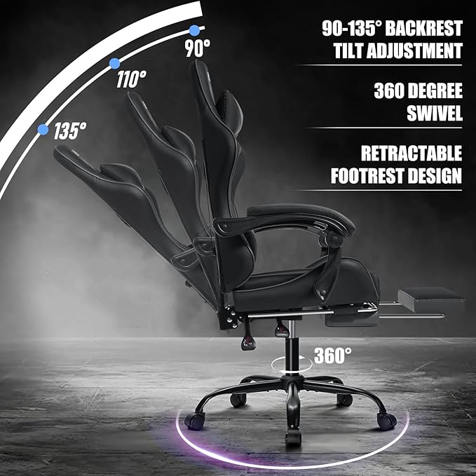 Gaming Chair with Massage Ergonomic Computer Chair with Footrest Reclining Video Game Chair for Boys with Adjustable Armrest Black