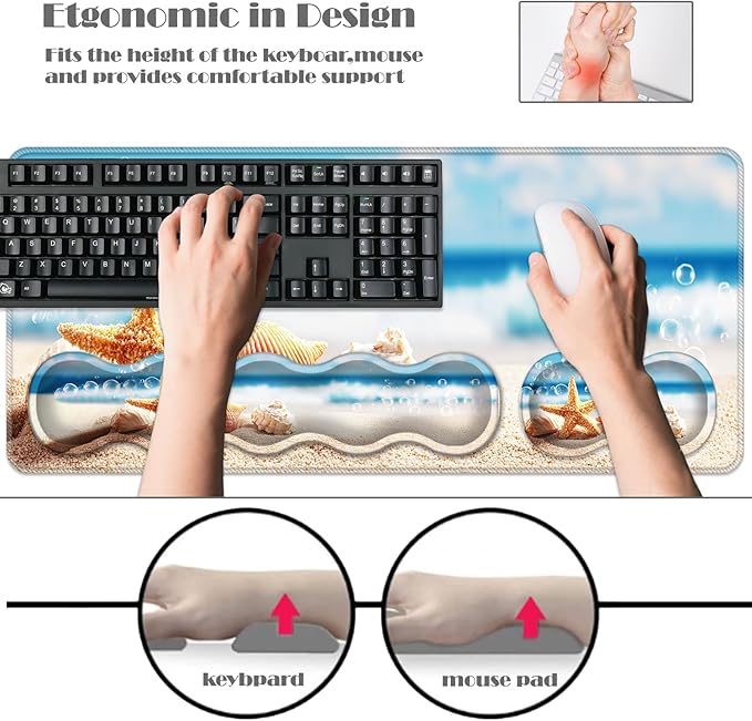 Ergonomic Keyboard Wrist Rest &amp Mouse Pad Wrist Rest SetXL Gaming Desk Mat 31.5x 11.8Non-Slip BaseMemory FoamEasy Typing Pain Relief for Office &amp HomeSeashells Starfish on Beach