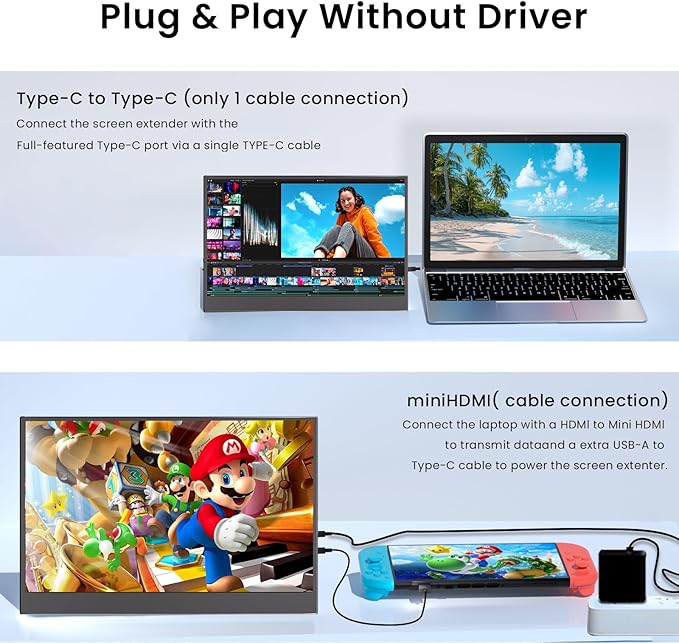 JUSTTHINK 16 Inch 144Hz Portable Gaming Monitor FHD 1200P IPS Laptop Second Screen with Built-in Battery USB-C HDMI Plug &amp Play Ultra Slim Travel Monitor with Stand Cover