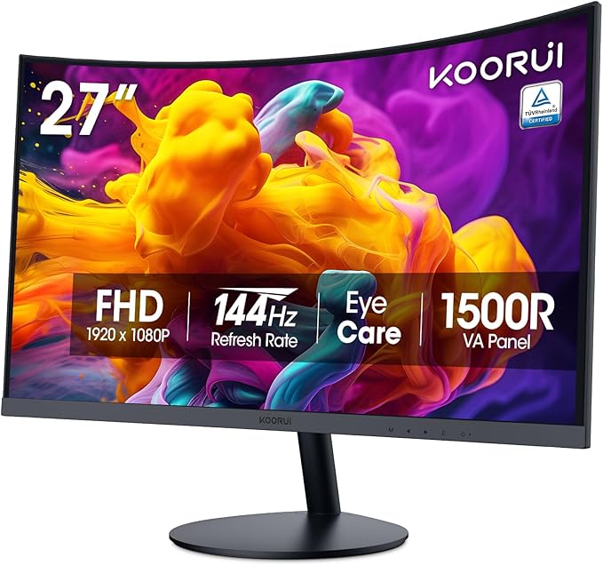 KOORUI 27 Inch Curved Monitor FHD 1080P 144Hz Gaming Office Computer Monitors 1500R PC Screen with HDMI VGA Eye Care TÜV Rheinland Certified Tilt Adjustable Black.