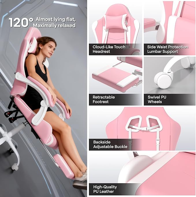 Athena Collection Gaming Chair Ergonomic Gaming Chair with Footrest &amp Headrest Lumbar Support Height Adjustable Swivel Computer Chair Office Chair for Kids Adults(Pink)