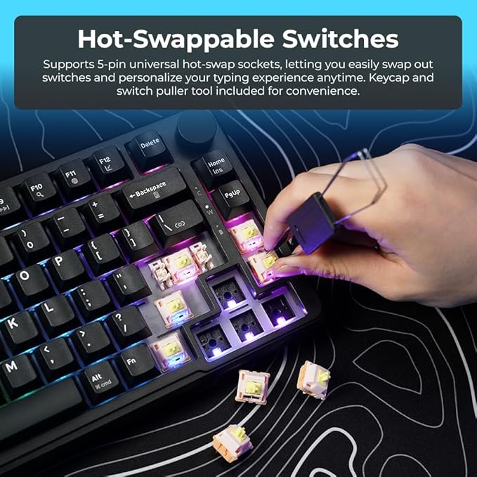 TECWARE Ghost 75% Wireless Mechanical Keyboard | RGB Gaming Keyboard with Volume Knob | Tri-Mode 2.4GHz/Bluetooth/USB-C | Gasket Mounted | Hot Swappable Pre-Lubed Linear Switches | 4000mAh | Black