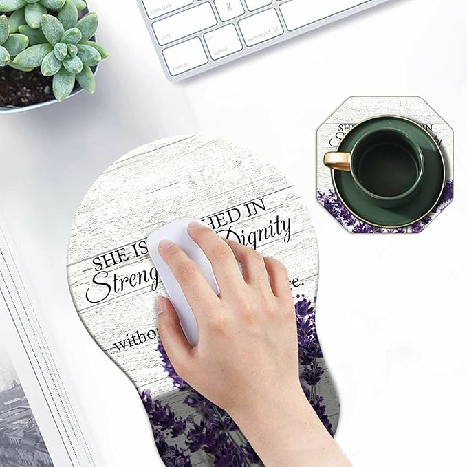 Mouse Pad with Wrist Support Gel Purple Lavender Pattern Design Ergonomic Gaming Mousepad with Wrist Rest for Laptop Computer Home Office Working Mouse Mat + A Cute Coffee Pad