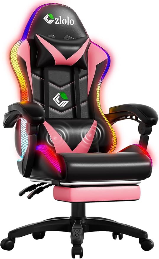 Gaming Chair Racing Style RGB LED Lights Gaming Chairs for Adults and Kids Lumbar Massager Gamer Chair High Back Reclining Computer Chair with Footrest and Headrest (Black/Pink)