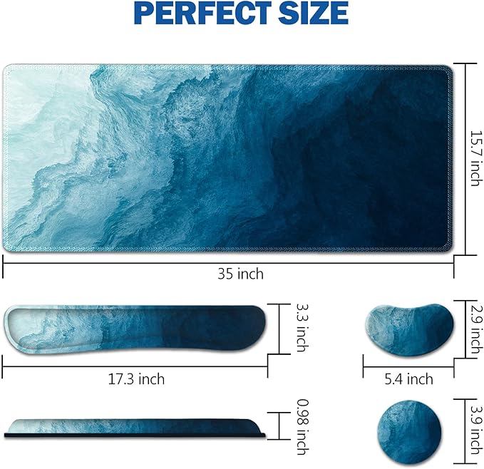 AIMSA Large Gaming Mouse Pad Set Keyboard Wrist Rest Support + Extended Mouse Pad + Mouse Wrist Cushion + Coaster Ergonomic Memory Foam Multifunctional Desk Mat 35x15.7inch (Dark Blue Waves)