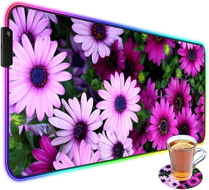 Customized RGB Gaming Mouse Pad and Coffee CoasterLarge Glowing Led Anti-Slip Rubber Base Computer Keyboard Desk Mouse Mat 31.4x11.8 InchAfrican Daisy