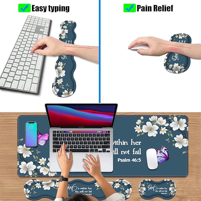 4 in 1 Ergonomic Keyboard Wrist Rest &amp Mouse Pad Wrist Rest SetLarge XXL Gaming Desk Mat 31.5x 11.8 with Non-Slip BaseMemory Foam for Home Office Study GamingFloral Quote Bible Verse Psalm 46