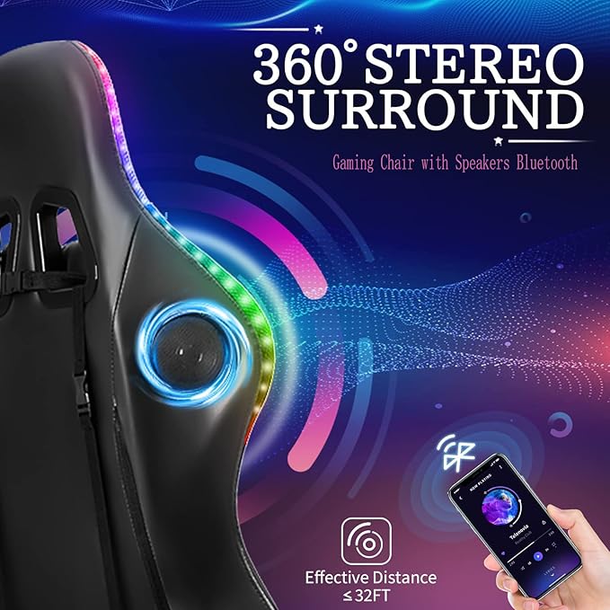 Gaming Chair Massage with Bluetooth Speakers and Led Lights Ergonomic Computer Gaming Chair with Footrest RGB Video Game Chair with High Back Lumbar SupportRed