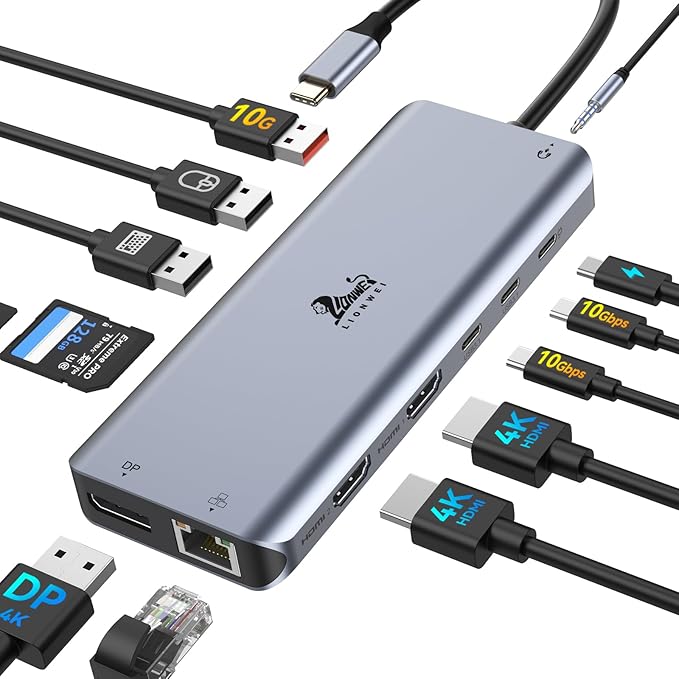 LIONWEI Laptop Docking Station 13 in 1 - Dual HDMI+DisplayPort+10Gbps 6 USB C/A 100W PD Ethernet SD/TF Audio USB C Hub for MacBook/Dell/HP/Surface