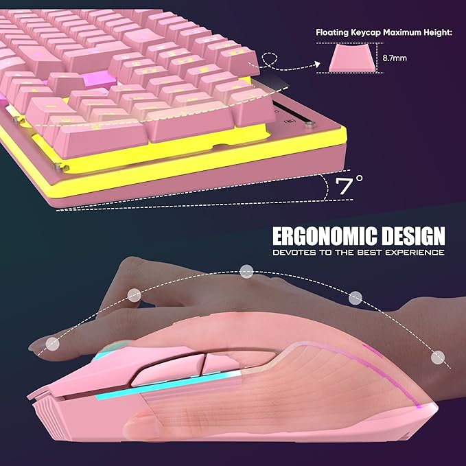 RedThunder K10 Wireless Gaming Keyboard and Mouse Combo LED Backlit Rechargeable 3800mAh Battery Mechanical Feel Anti-ghosting Keyboard + 7D 3200DPI Mice for PC Gamer (Pink)