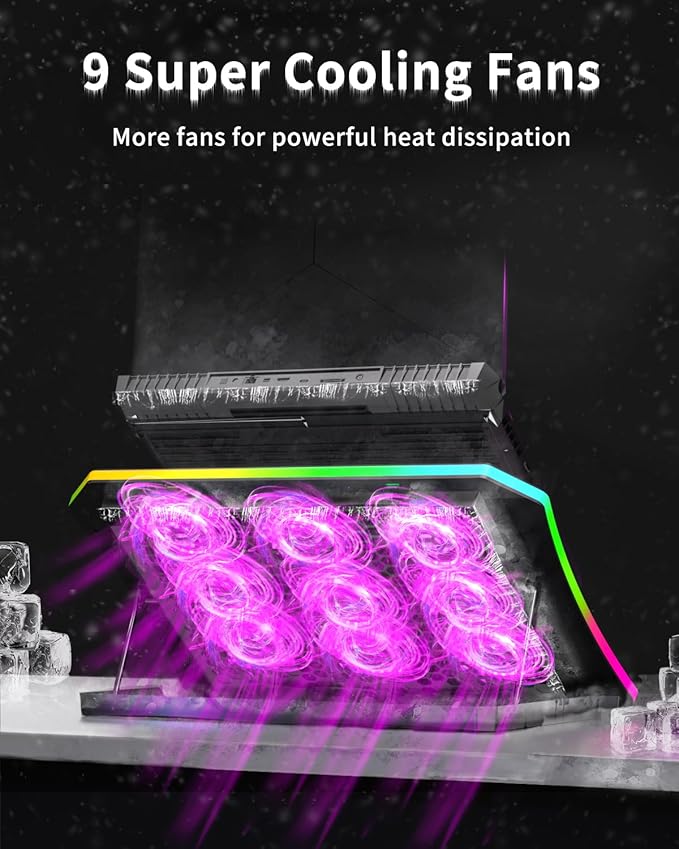 KeiBn Laptop Cooling Pad Gaming Laptop Fan Cooling Pad with 9 Quiet Fans RGB Laptop Cooler for 15.6-17.3 Inch Cooling Pad for Laptop with 7 Height Stands 2 USB Ports Phone Stand-Purple