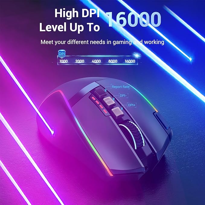 Redragon Wireless Gaming Mouse Ergonomic Mouse 16000 DPI with Rapid Fire Key 9 Macro Buttons 170-Hour Durable Power Capacity and RGB Backlight Wired/Wireless Mouse for Laptop/Mac/PC