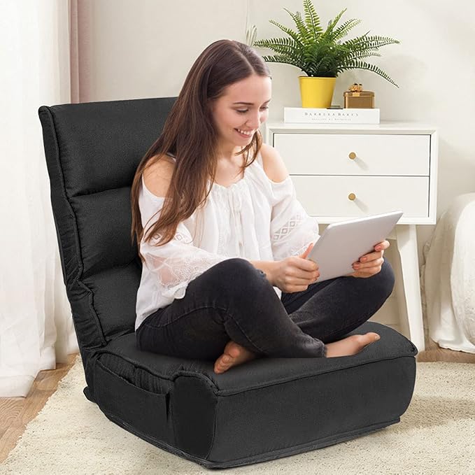 DORTALA Foldable Floor Chair for Adults Memory Foam Gaming Chair w/ 5-Position Adjustable Head and Back Support Indoor Seat for Bedroom Living Room Gaming Room Black