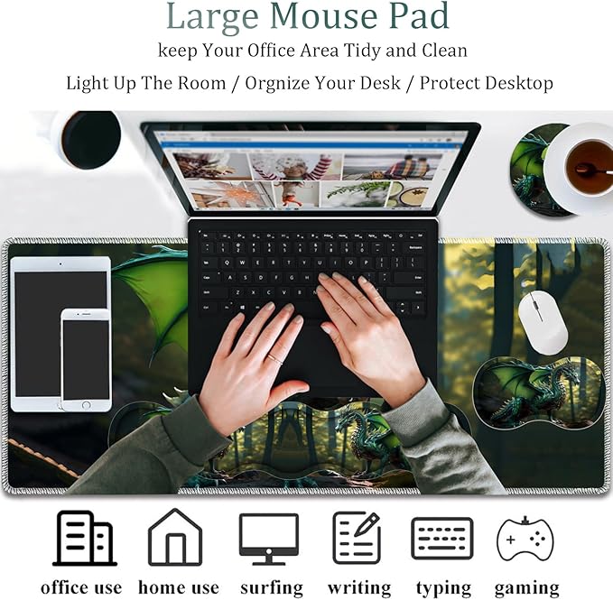 4 in 1 Mouse Pad Combo Large Gaming Mouse Pad + Keyboard Wrist Support + Mouse Wrist Rest + Coaster Table Pad 31.5 x 11.8 with Memory Foam Ergonomic Wrist Pad Set Forest Green Dragon