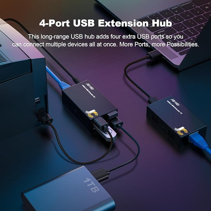 USB Extender Over Cat6/7 Up to165ft/50M JCHICI 4 USB 2.0 Ports Plug and Play No Driver POC Keyboard and Mouse Over Ethernet