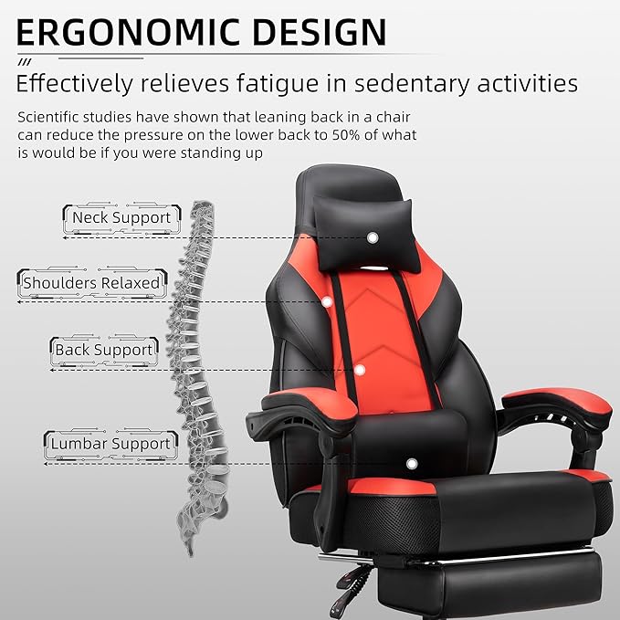 Shintenchi Gaming Chair with Footrest Massage Lumbar Support Height Adjustment and 360° Swivel Seat. Ergonomic Design for Gaming