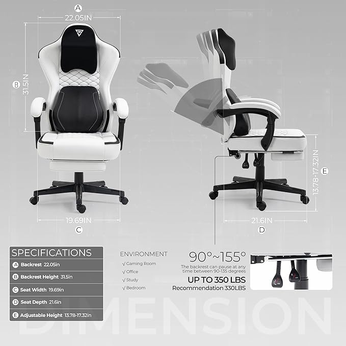 Cute Gaming Chair with Cat Paw Lumbar Cushion and Cat Ears Kawaii Pink Computer Chair with Footrest Ergonomic PC Video Anime Gaming Chairs Recliner for Kids Girls Teens (White)