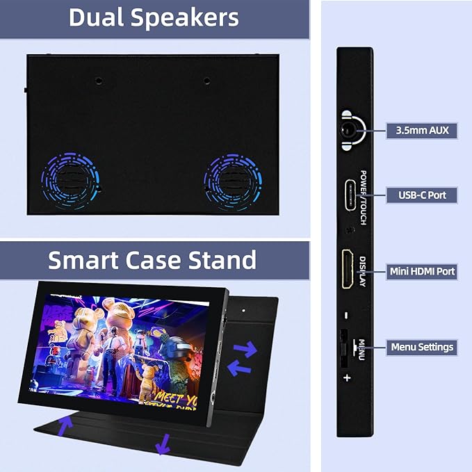 7 inch Portable Monitor 1024x600 HDMI Raspberry Pi Screen Dual-Speaker IPS LCD Display Mini Monitor for Laptop Xbox PS3 Raspberry Pi 5 4B 3B+