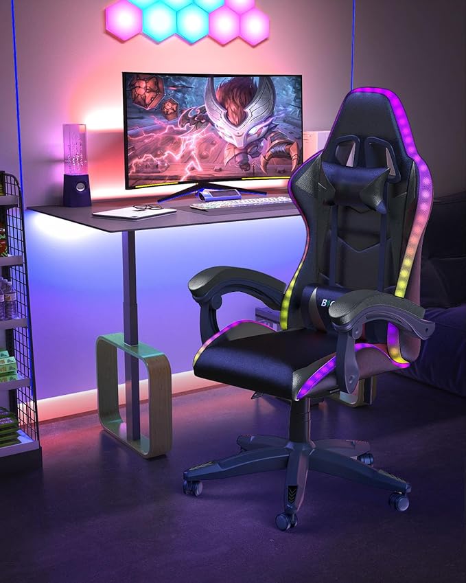Gaming Chair with RGB LED Lights Ergonomic Computer Chair with Headrest and Lumbar Support PU Leather High Back Height Adjustable Swivel Video Game Chairs for Adults(Black)