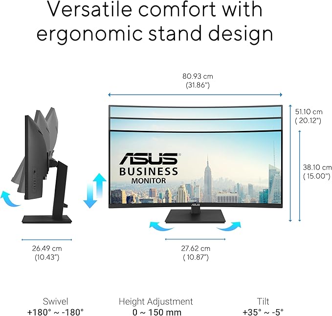 ASUS 34” Curved USB-C Docking Monitor (VA34VCPSR) - WQHD (3440x1440) 1500R Curvature Frameless USB-C PD 96W RJ45 USB hub Eye Care Ergonomic VESA Wall Mountable 3 yr Warranty