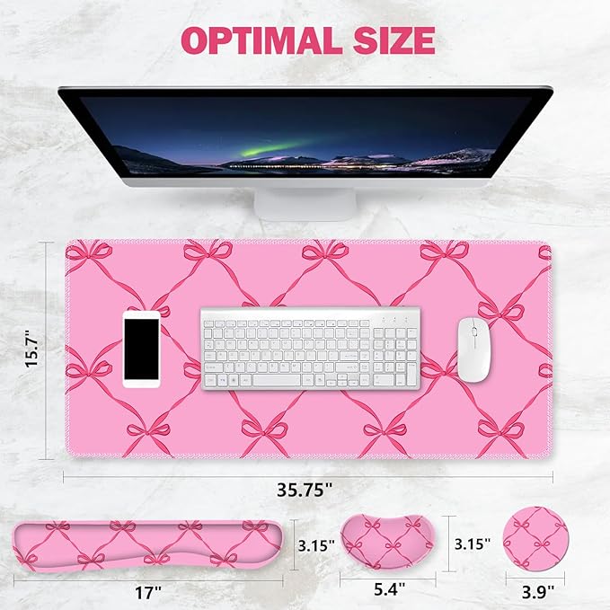 ToLuLu Large Mouse Pad Desk Pad Set Wrist Rest Support Desk Mat for Keyboard Mouse 4PCS 35.4”x15.7 XXL Giant Mouse Pad Non-Slip Base Stitched Edges Mousepad Office Desk Decor Hot Pink Bow