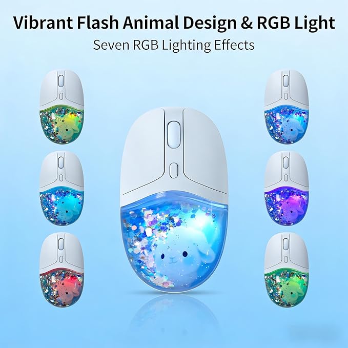 Wireless MouseGlitter Animal Design 3-Device Bluetooth &amp 2.4 G 4000 DPI RGB Light Multi-Mode Portable Mouse for PC Laptop Office Gaming Students Home Travel Use (Blue)