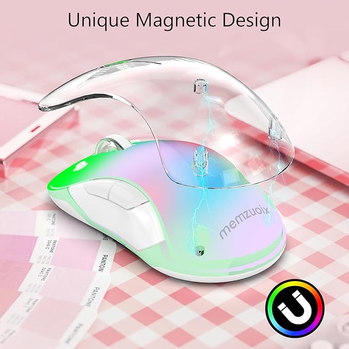 memzuoix 2.4G Wireless Mouse with Customizable Cover &amp 9-Color LED - Rechargeable Ergonomic 1400 DPI 5 Buttons USB Receiver for PC/Mac - Pink