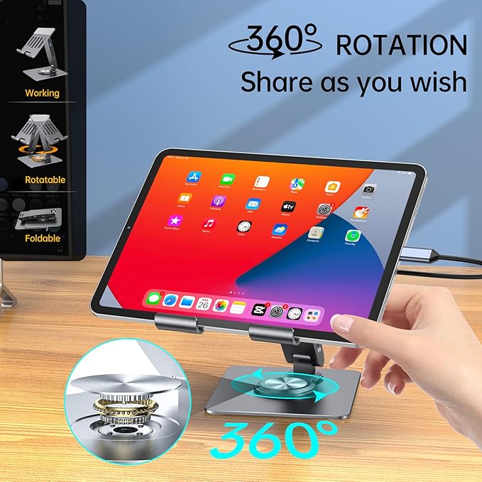Adjustable Tablet Stand with USBC Hub 7-in-1 Aluminum Tablet Holder with Docking Station 360° Swivel Base 4K HDMI 100W PD Charging USB 3.0 SD/TF Reader 3.5mm Audio for iPad with USB-C Port