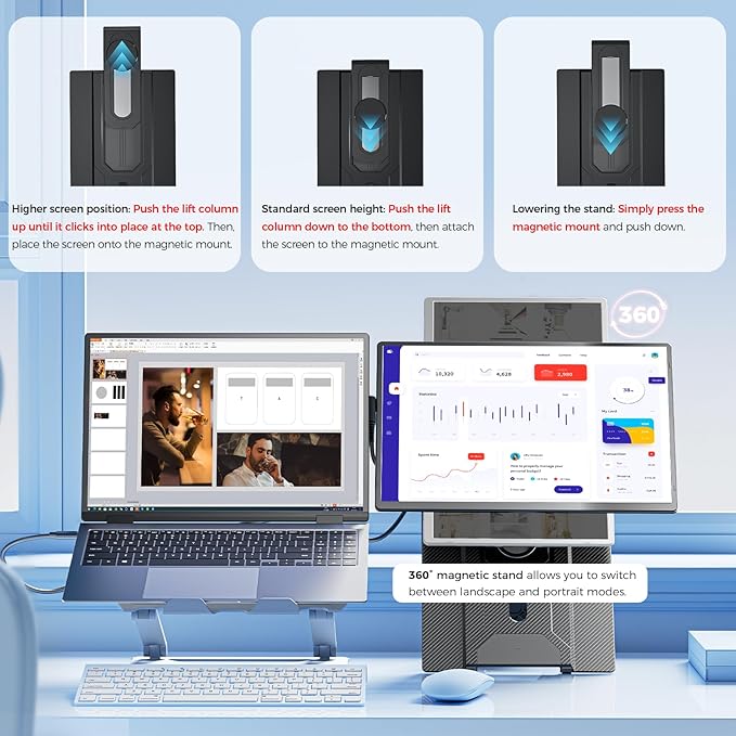 Laptop Screen Extender 16.1 1200P FHD Portable Monitor 360° Rotating Detachable Stand Height Adjustable Monitor Extender for Laptop 13-17.5 Plug-Play for Tablet PC Phone etc