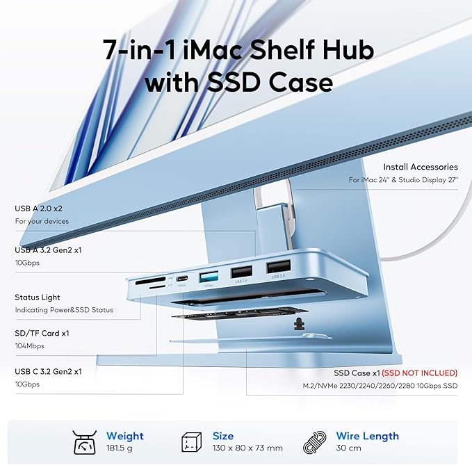 iMac Accessories for iMac24 inch 2021/2023/2024 PULWTOP iMac Hub with M.2 NVMe SSD Enclosurei-Mac USB C Hub USB A/C 10GbpsSD/TFi-Mac USB Adapter for iMac24 M1/M3/M4 or Studio Display 27 inch-Blue