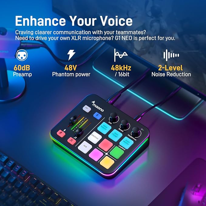 MAONO Gaming Audio Mixer &amp XLR Dynamic Microphone&amp Hadphone Audio Interface with Pro-preamp RGB Bluetooth 48V Phantom Power for Live Streaming Podcasting Content Create Gaming