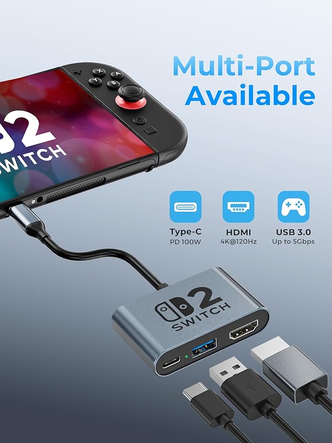Switch 2 DockPortable USB C Docking Station with 4K@120Hz/PD 100W/USB 3.0 PortAluminum Alloy Travel TV Dock for Switch/Steam Deck/ROG Xbox Ally X/Legion Go 1/2/S