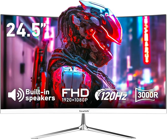 Gawfolk 24.5 Inch Gaming Curved Monitor Built-in Speakers 3000R 120Hz White PC Screen Full HD 1080P HDMI 2.0 VGA Wall Mount Compatible 75 * 75mm
