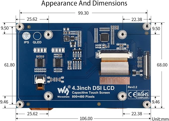 waveshare 4.3 inch DSI LCD Display for Raspberry Pi 4B/3B+/3A+/3B/2B/B+/A+/Compute Module 3+/3/4 800×480 Touchscreen Capacitive IPS Screen Monitor Support Raspbian/Ubuntu/Kali /WIN10 IoT/Retropie