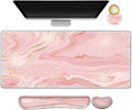 ARTSO Extended Gaming Mouse Pad Set Keyboard Wrist Rest Support Pad + Wrist Cushion + XXL Large Mouse Pad + Coaster Stitched Edge Non-Slip Memory Foam Desk Mat Pink Gold Marble