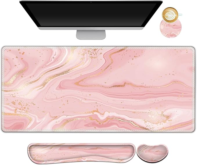 ARTSO Extended Gaming Mouse Pad Set Keyboard Wrist Rest Support Pad + Wrist Cushion + XXL Large Mouse Pad + Coaster Stitched Edge Non-Slip Memory Foam Desk Mat Pink Gold Marble