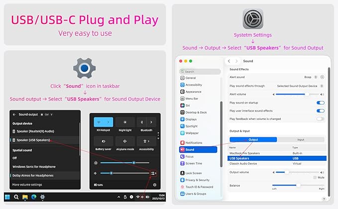 Computer Speakers for Desktop PC Monitor Speakers with Easy Volume Knob Sturdy Clamp Clear Sound Decent Bass USB Plug in External Speakers for Laptop Small PC Soundbar USB-C Adapter 5Ft Cable